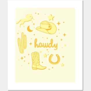 Pastel Cowboy Hat and Boot Pattern Yellow Cowgirl Aesthetic Posters and Art